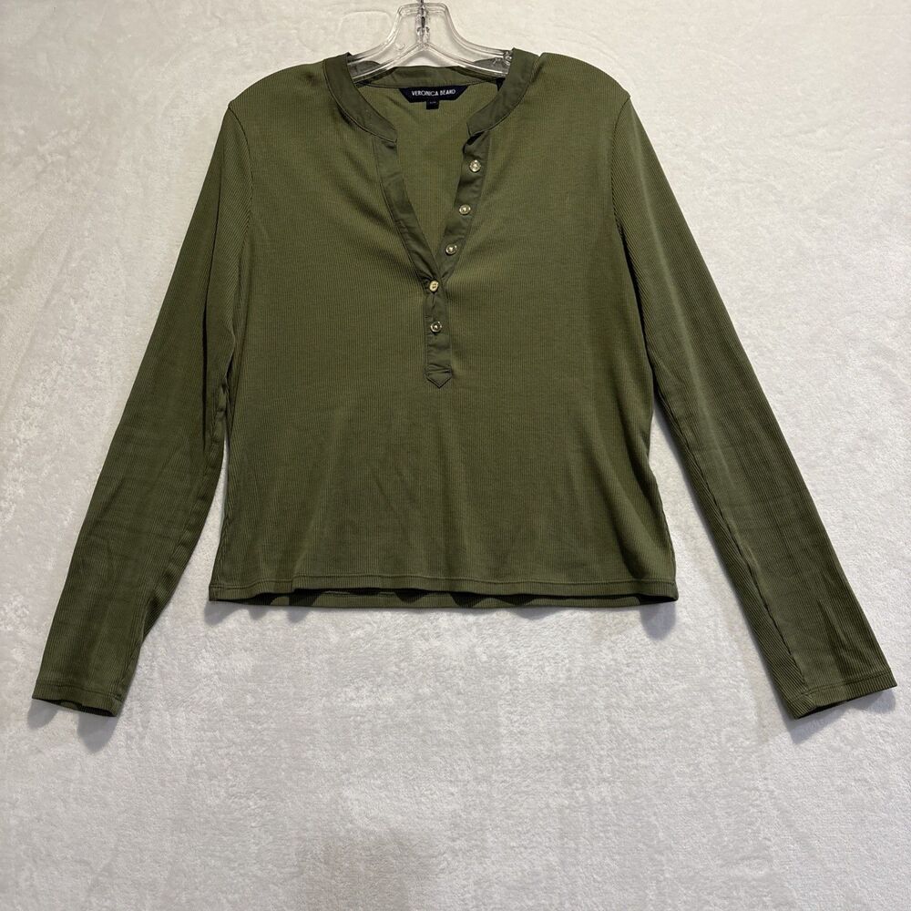 Veronica Beard Jocelyn Long Sleeve Ribbed Henley Shirt Top Green Women's Large